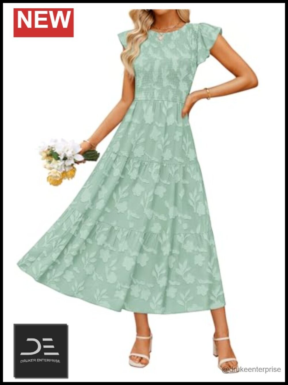 Boho Floral Midi Dress Flutter Short Sleeve Smocked Flowy Beach Summer Dress